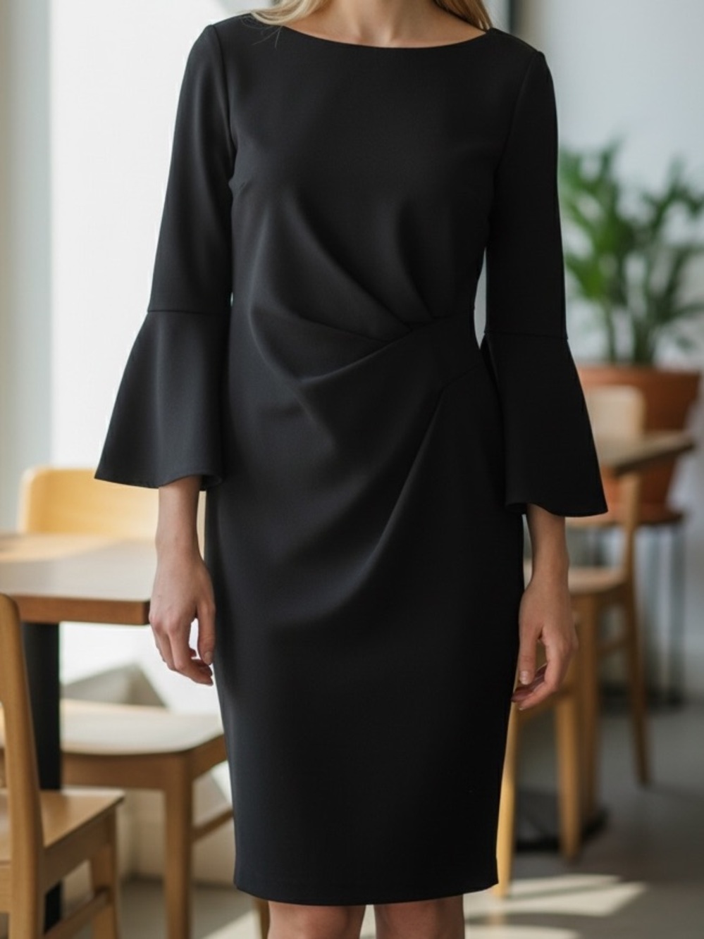 Adrianna Papell Black Bell Sleeve Ponte Knit Sheath Dress | Size 10 Regular